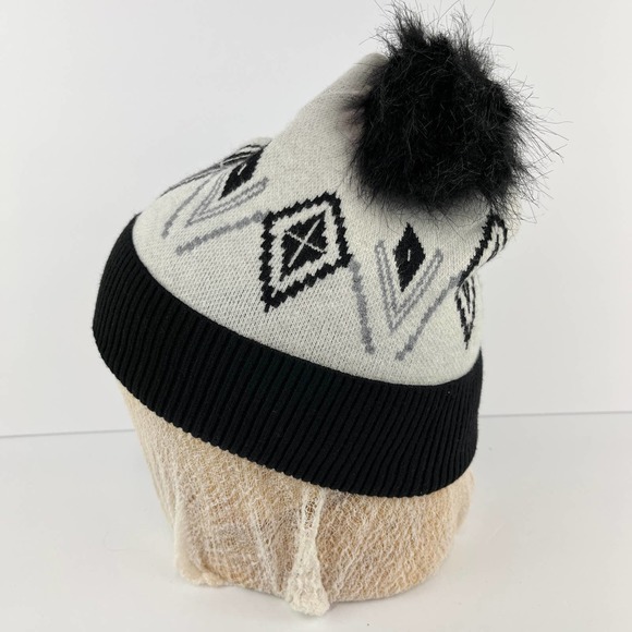 Tahari Women's Knit Ski Cap Geometric Design Fluffy Tassel - Picture 2 of 5